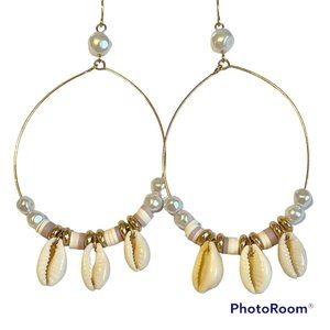 Gold Cowrie Shell White Freshwater Pearl Earrings Island Beach BIG Hoops Plated